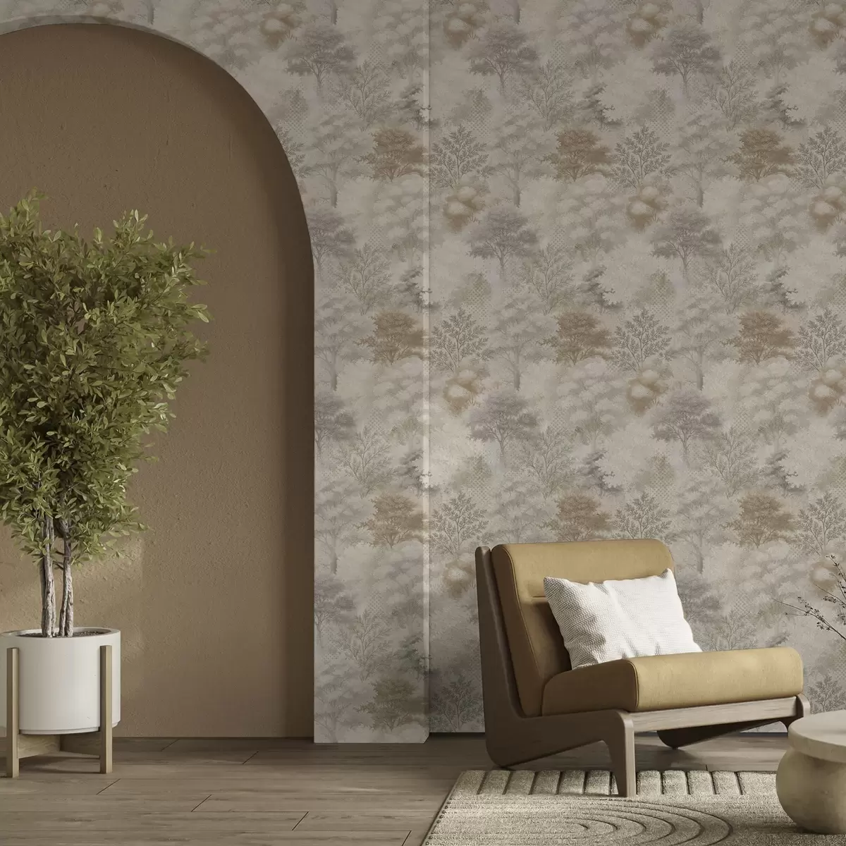 Baggrund Blid skov i tåge, bløde beige-grå toner a00785