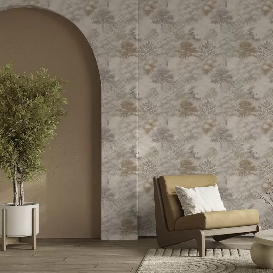 fototapeter Blid skov i tåge, bløde beige-grå toner a00785