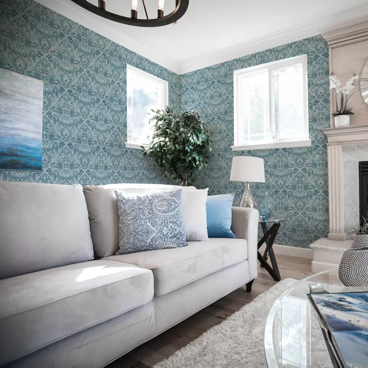 Tapete Klassischer Damast, tiefblau auf hellblau a00826