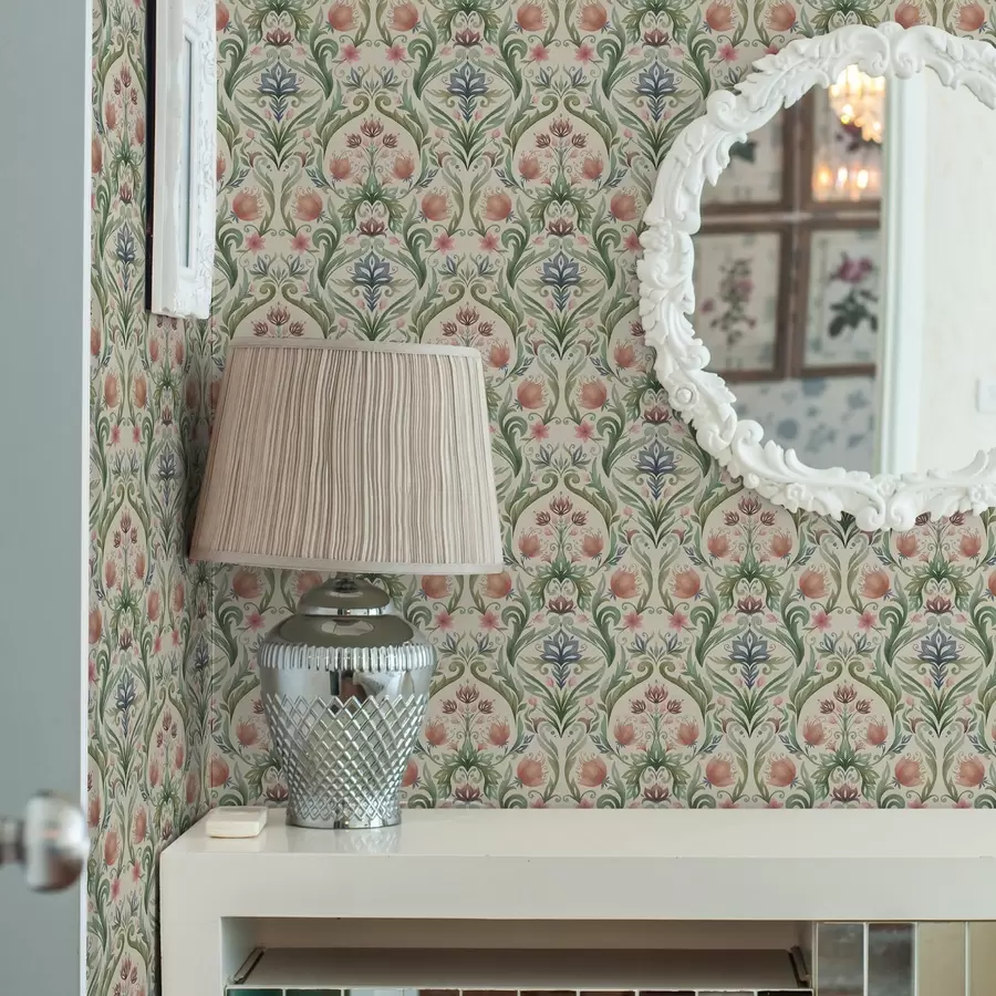 fototapeter Symmetrisk blomsterornament, terrakotta og grøn a00827