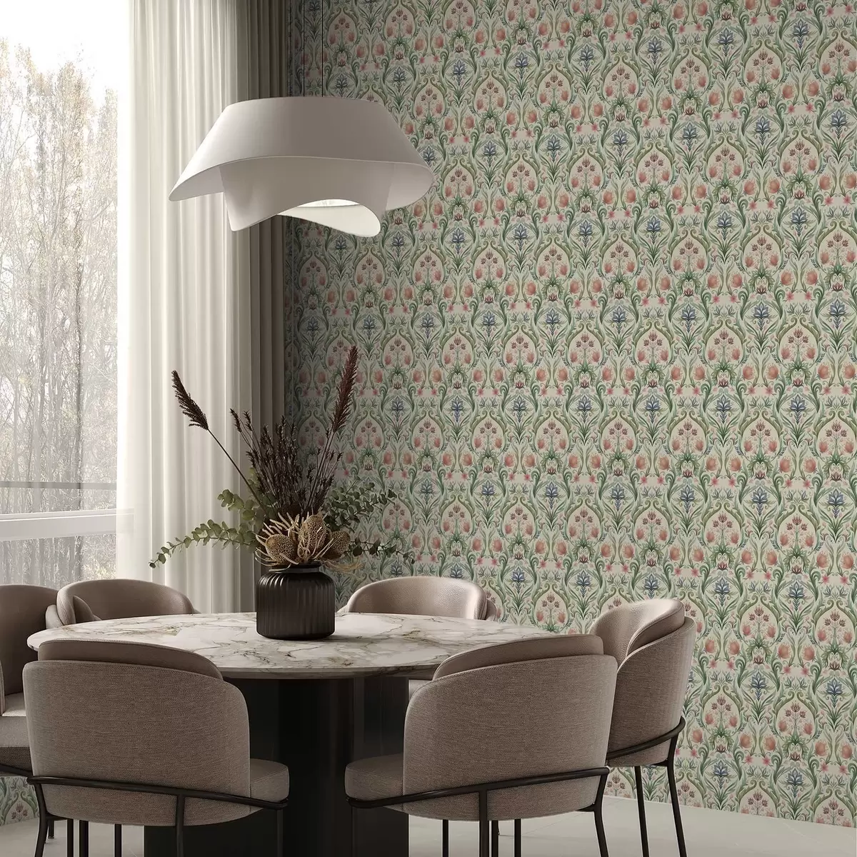 Baggrund Symmetrisk blomsterornament, terrakotta og grøn a00827