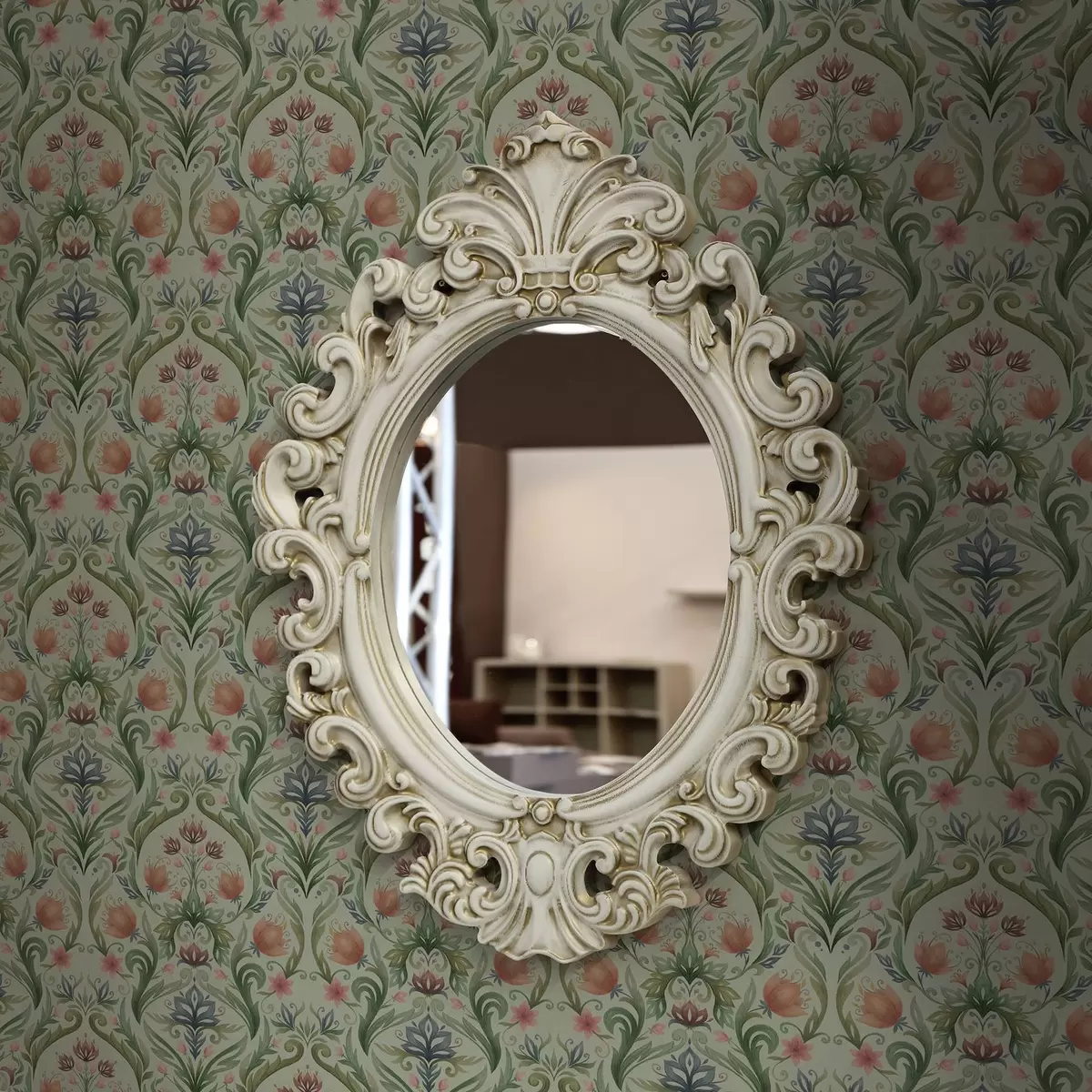 Tapete Symmetrisches Blumenornament, mint-cremefarbene Farbpalette a00827v1