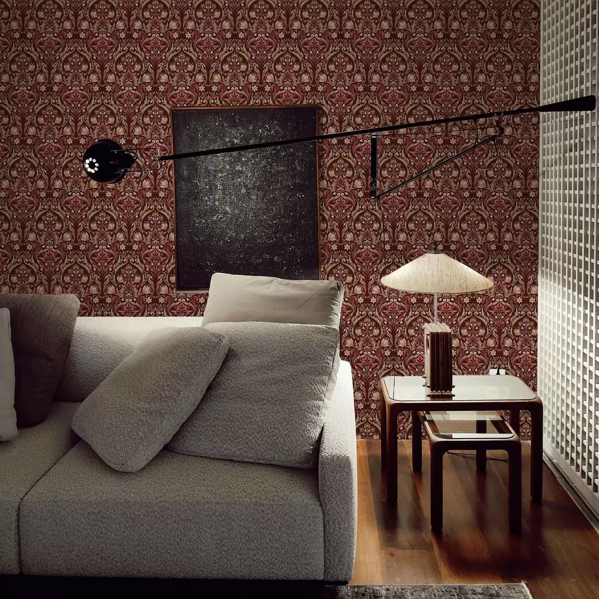 Tapete Tulpenornament, satter burgunderroter Hintergrund a00827v2