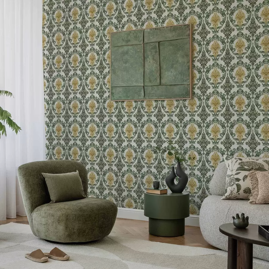 Fototapete Damast mit grünen Schnörkeln auf hellem Grund a00828v1