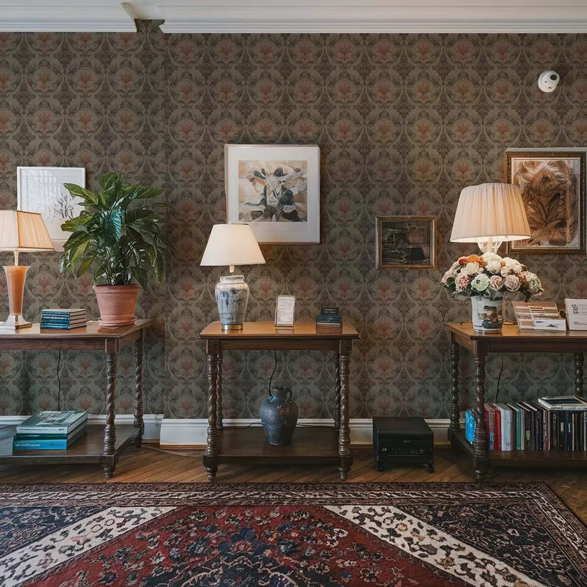 Tapete Terrakotta-Damast auf gedecktem Olivgrün a00828v3