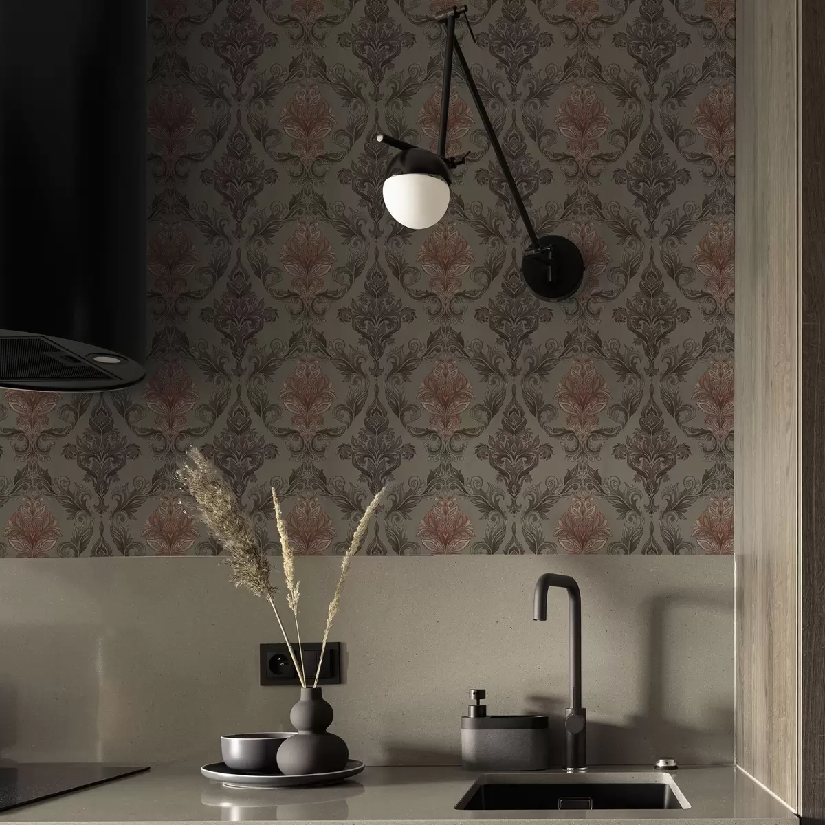 Baggrund Terracotta-damask på dæmpet olivengrøn baggrund a00828v3