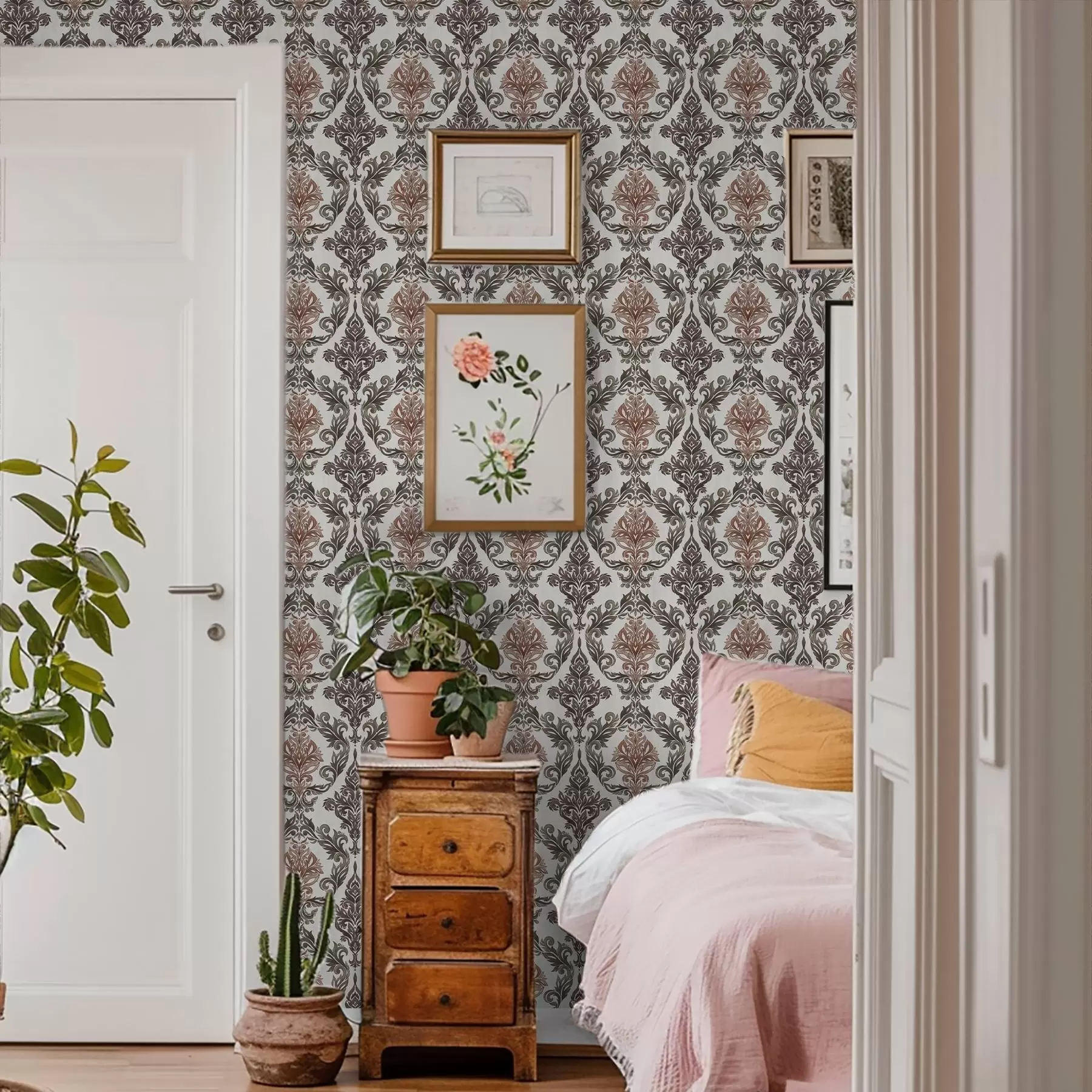 Murale Damas avec des accents brun cuivré sur fond clair a00828v4