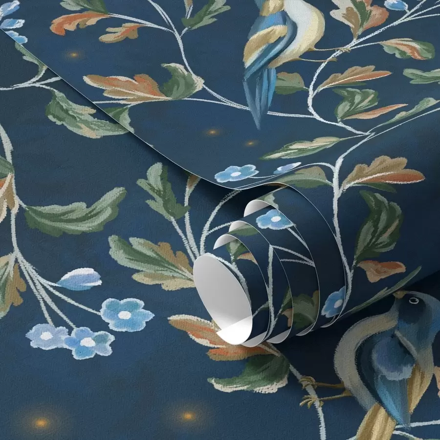 fototapeter Bryster på grene, natblå baggrund med gnister a00858