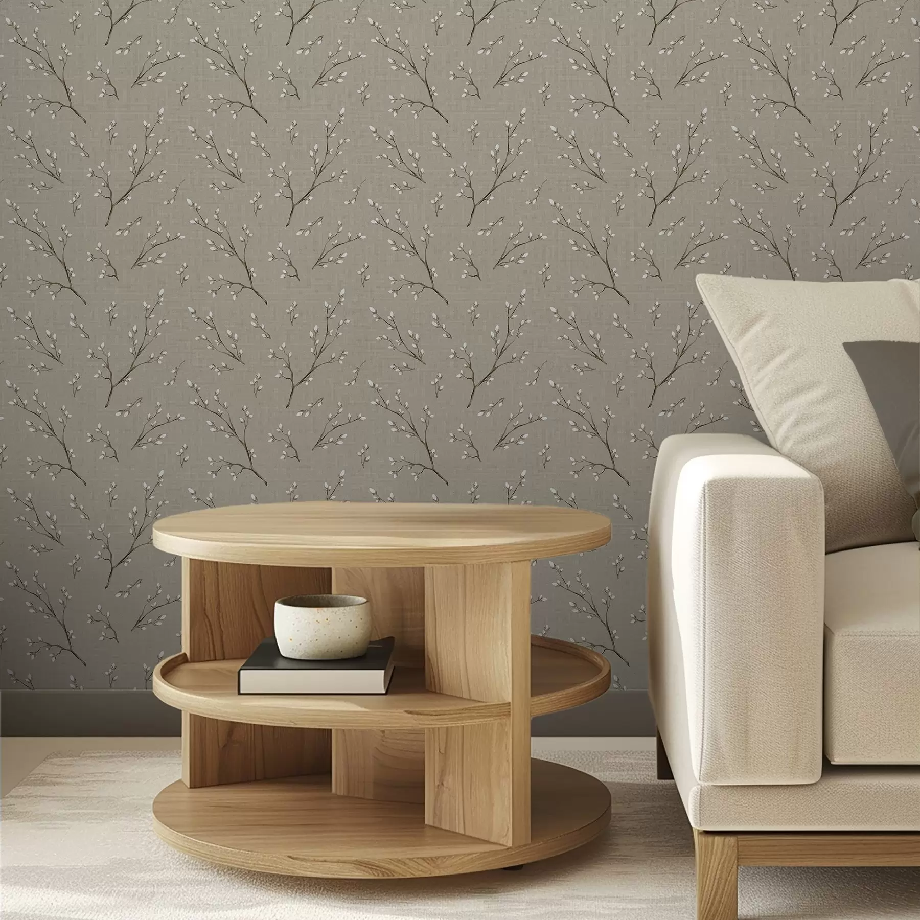 fototapeter Kviste med hvide knopper på taupefarvet baggrund a00861