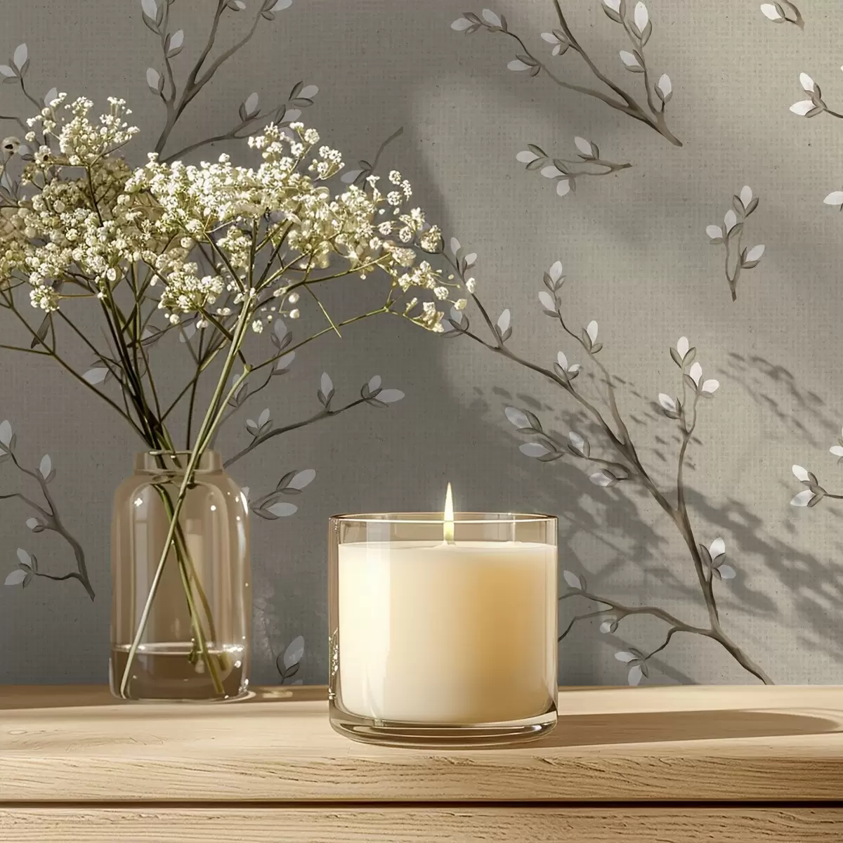 Baggrund Kviste med hvide knopper på taupefarvet baggrund a00861