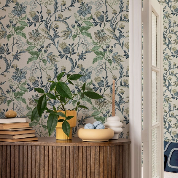 Peintures murales Motifs floraux et feuilles bleu-vert sur fond crème, Tapisseries murales fleurs, a00863 : Uwalls.ch