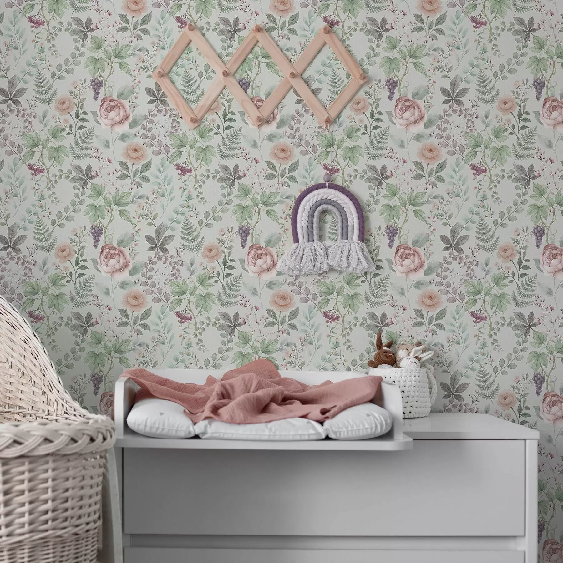 Fototapete Pastellfarbener Garten mit Rosen, Farnen und Trauben a00867