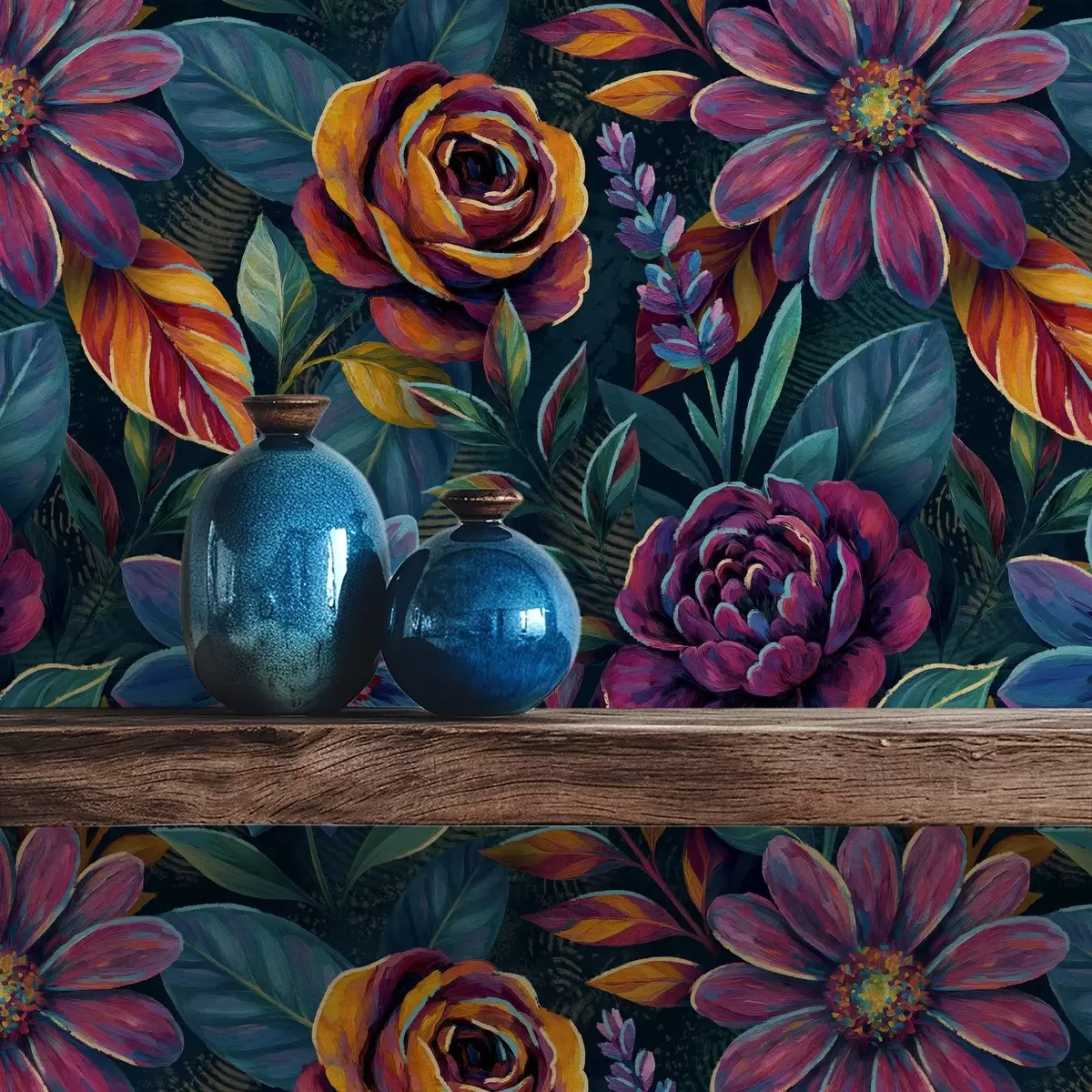 Tapete Lebhafte Blumen in Juwelenfarben auf tiefem Marineblau a00871