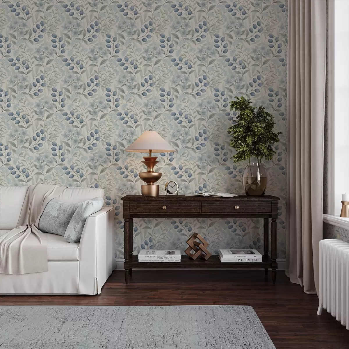 Baggrund Blå bær og lyse blomster på elfenben a00872