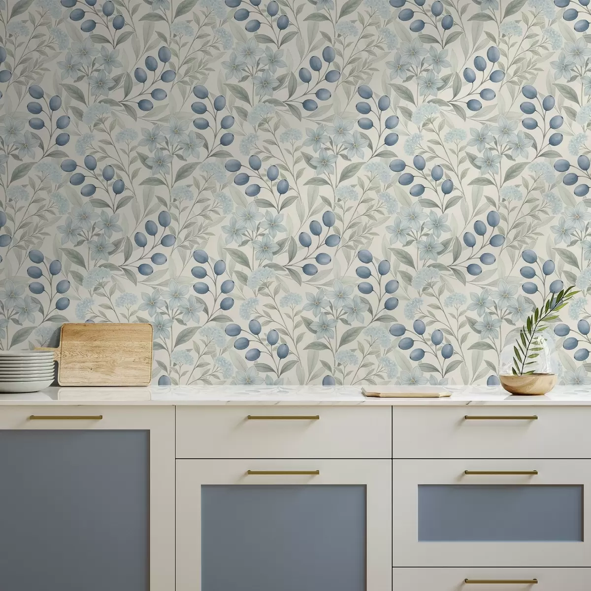 Baggrund Blå bær og lyse blomster på elfenben a00872