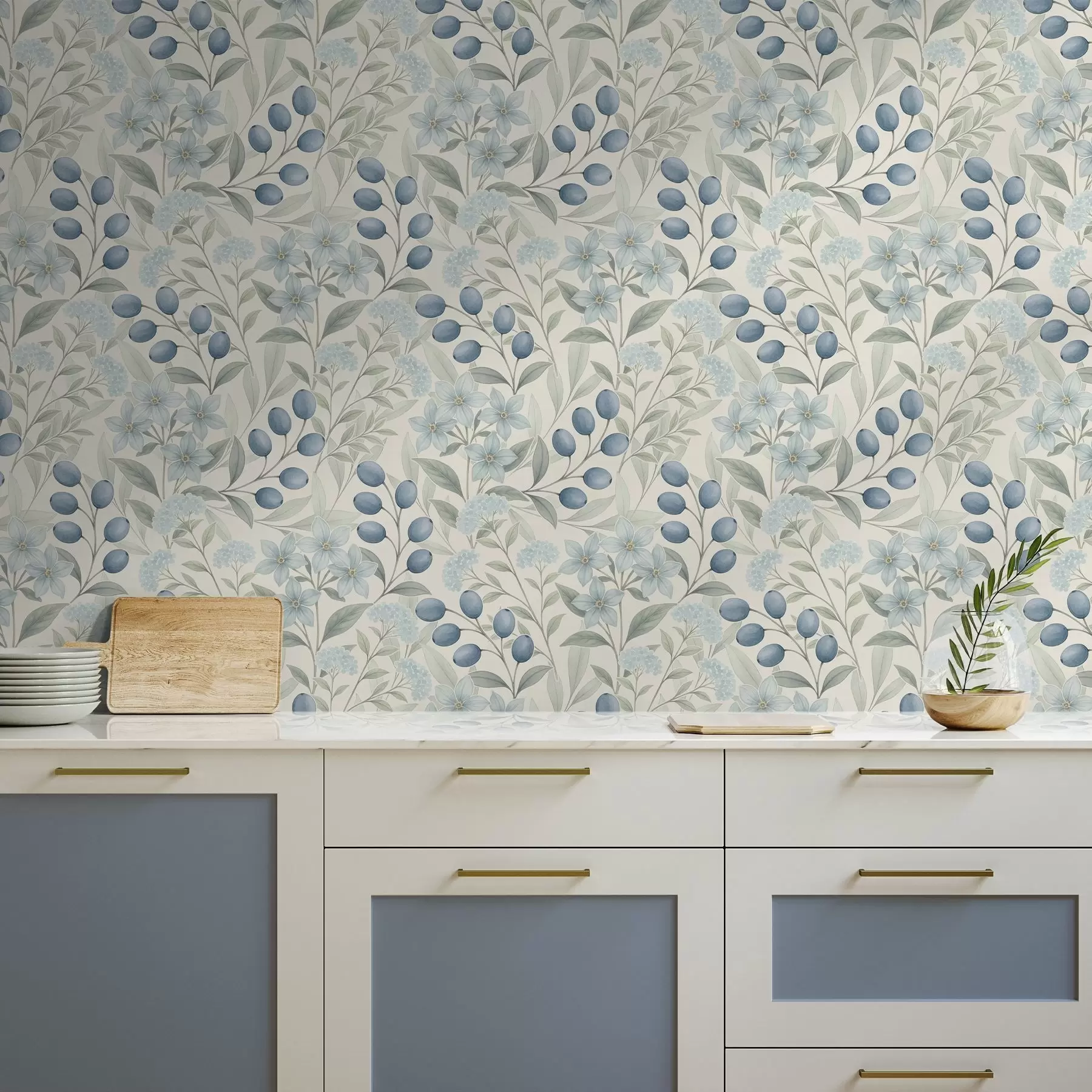 Murale Baies bleues et fleurs claires sur fond ivoire a00872