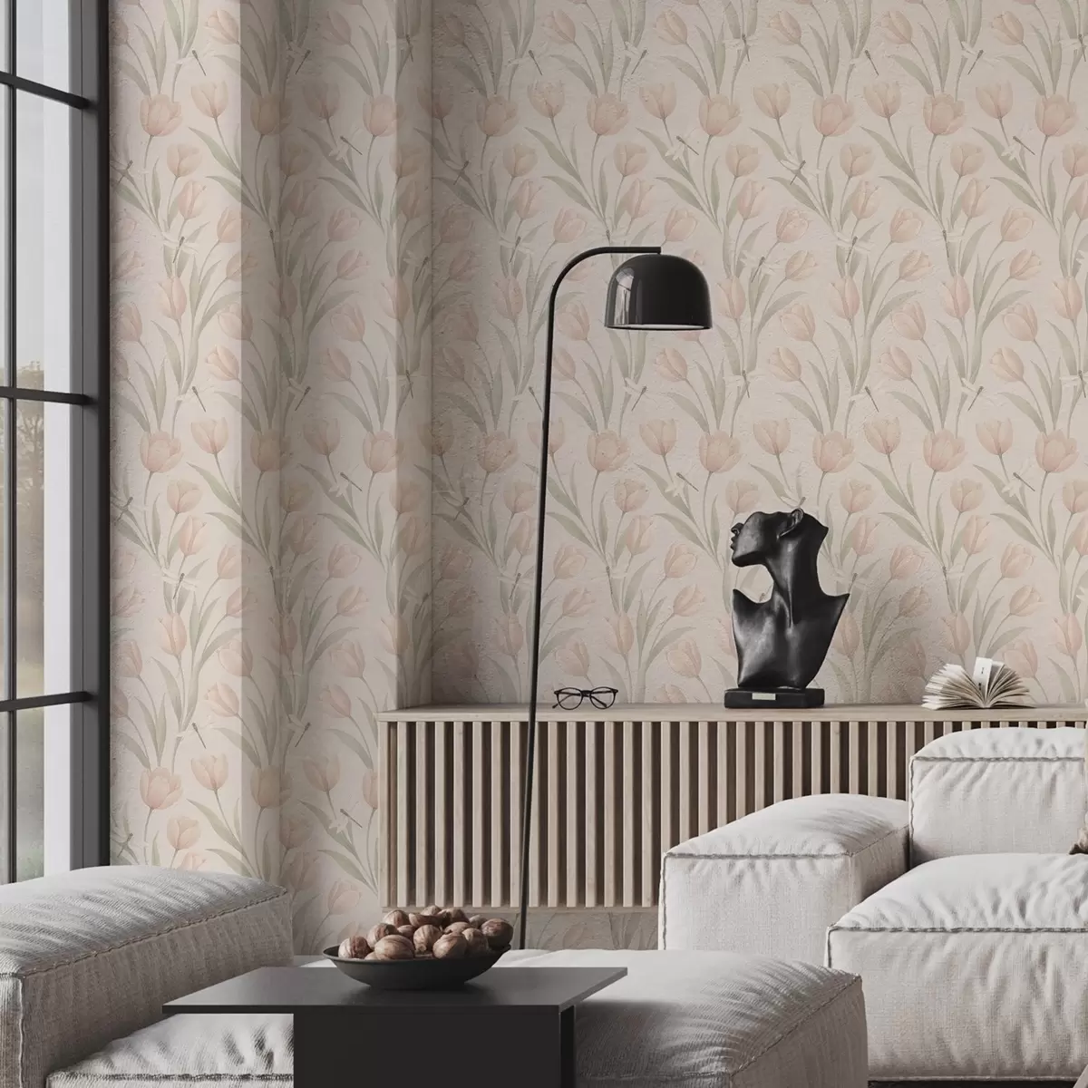 Baggrund Pastelfarvede tulipaner med guldsmede på blush a00876