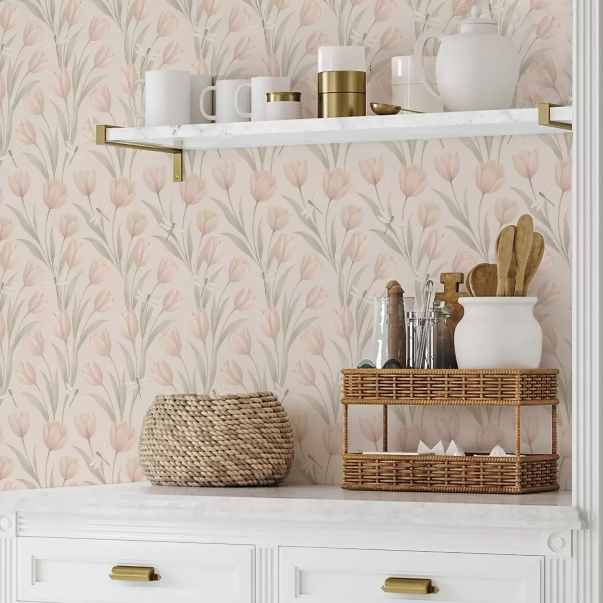 Baggrund Pastelfarvede tulipaner med guldsmede på blush a00876