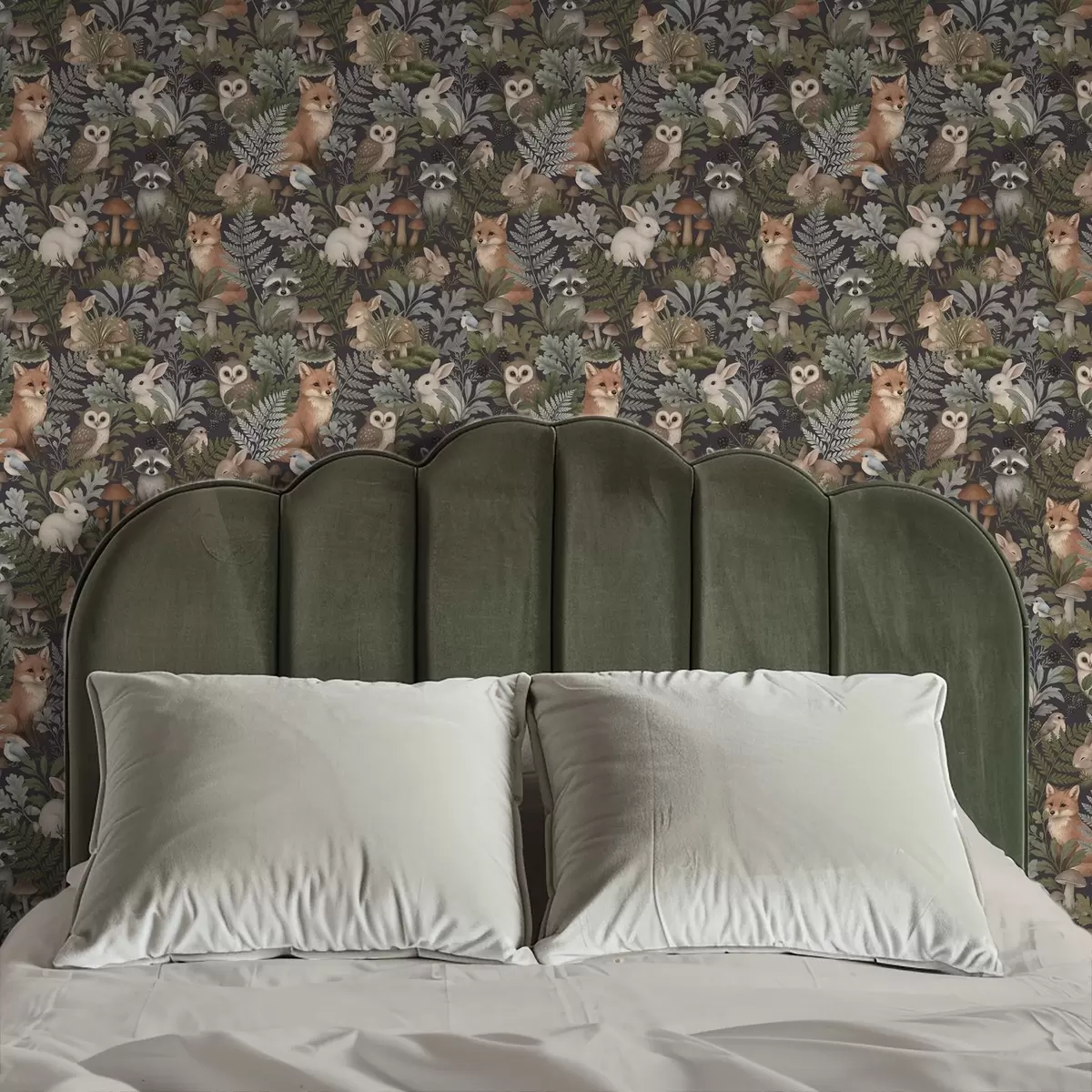 Tapete Waldtiere und Farne auf tiefem Anthrazit a00880