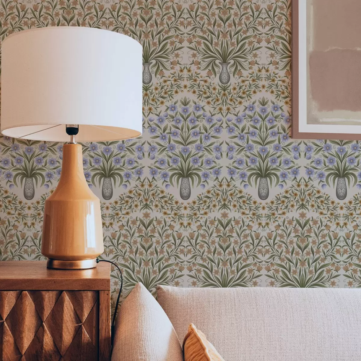 Baggrund Folkvaser med blå blomster og olivenblade på rødme a00900