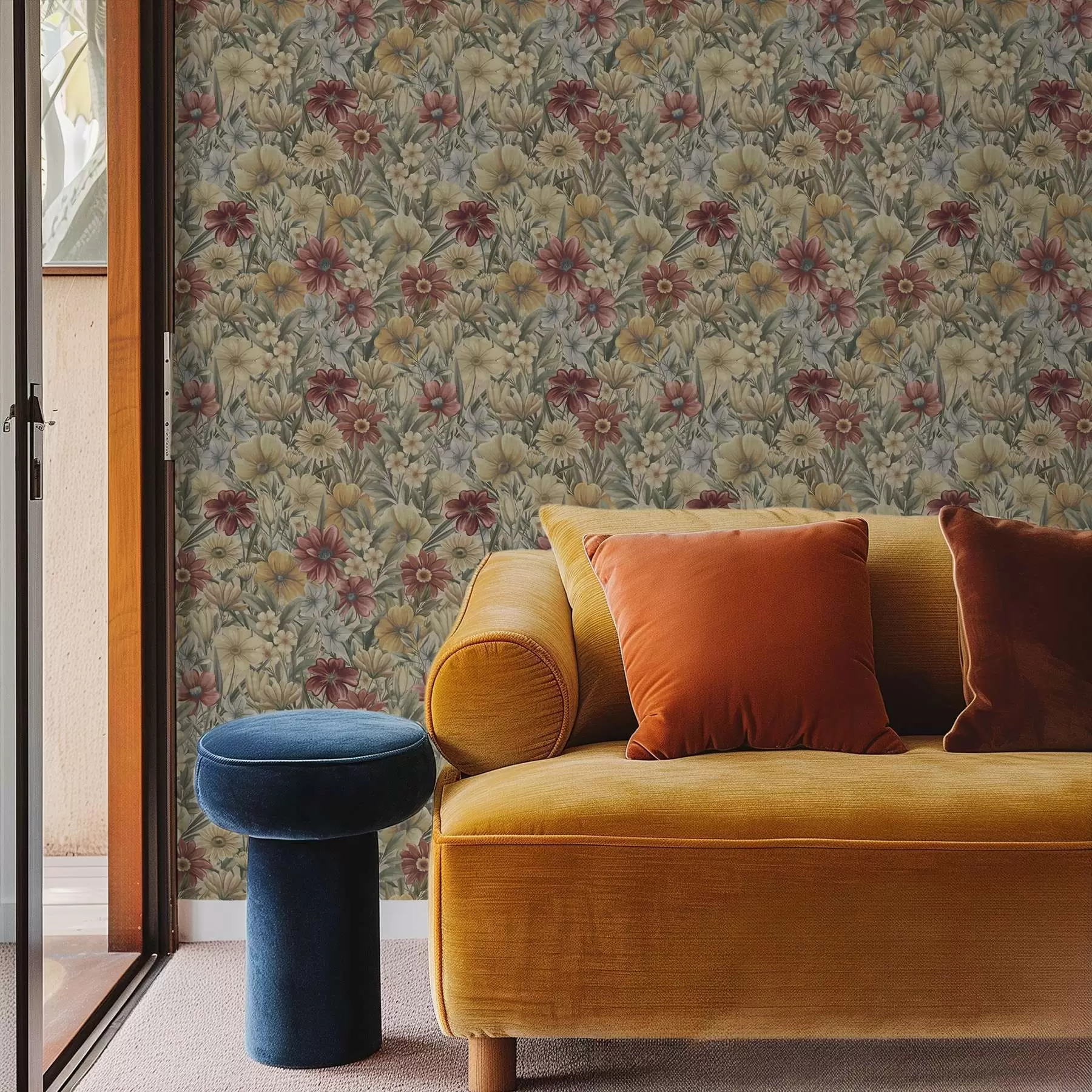 Fototapete Vintage-Wiesenblumen in warmen Gelb-, Rot- und Salbeifarben a00906