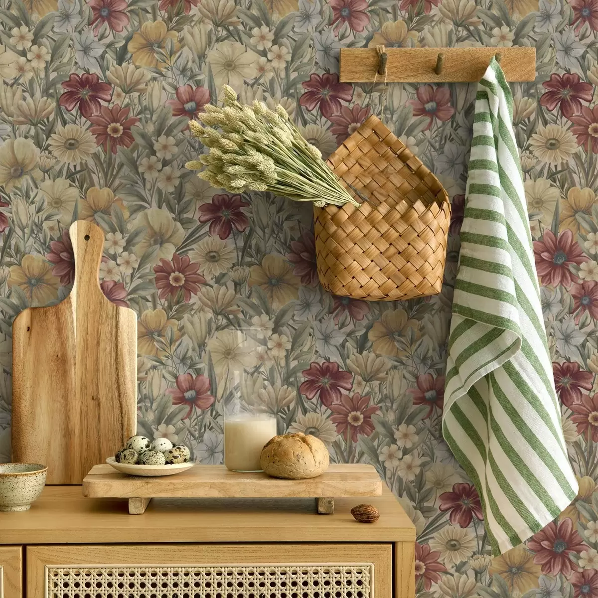 Baggrund Vintage engblomster i varme gule, røde og salviefarver a00906