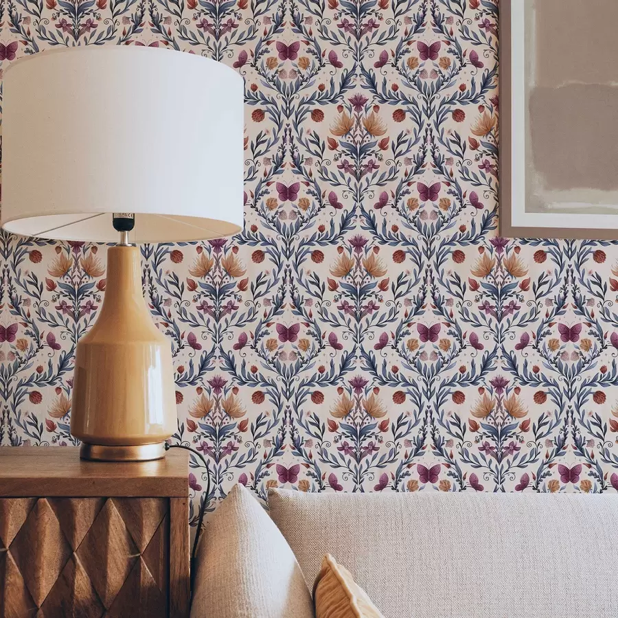 fototapeter Blomstret damask med sommerfugle på blød ferskenfarvet baggrund a00926