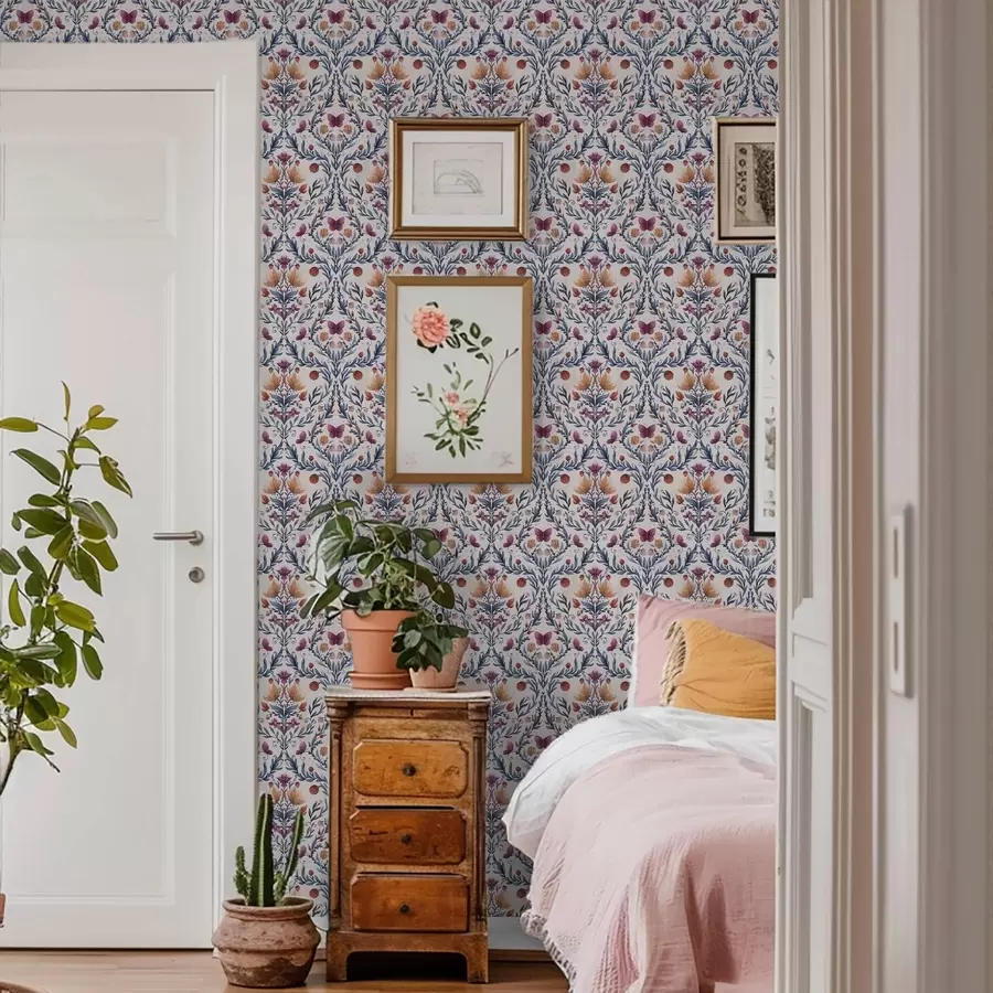 fototapeter Blomstret damask med sommerfugle i marineblå og terrakotta på hvid baggrund a00926v1