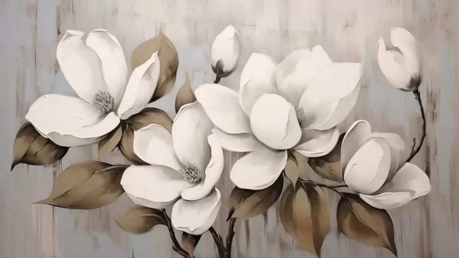 Murale Grandes fleurs de magnolia avec des feuilles taupe sur fond brossé w04785