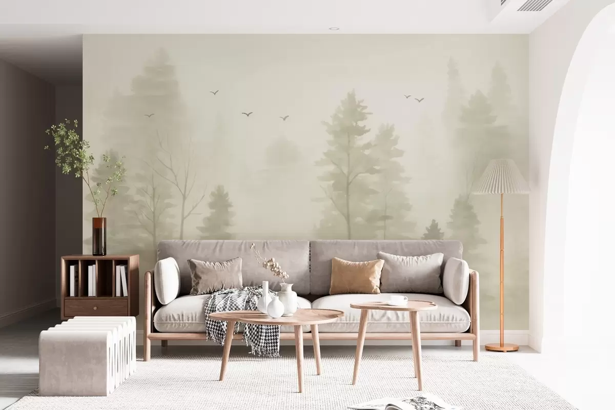 Murale forêt aérienne de style aquarelle dans des tons beiges w04872