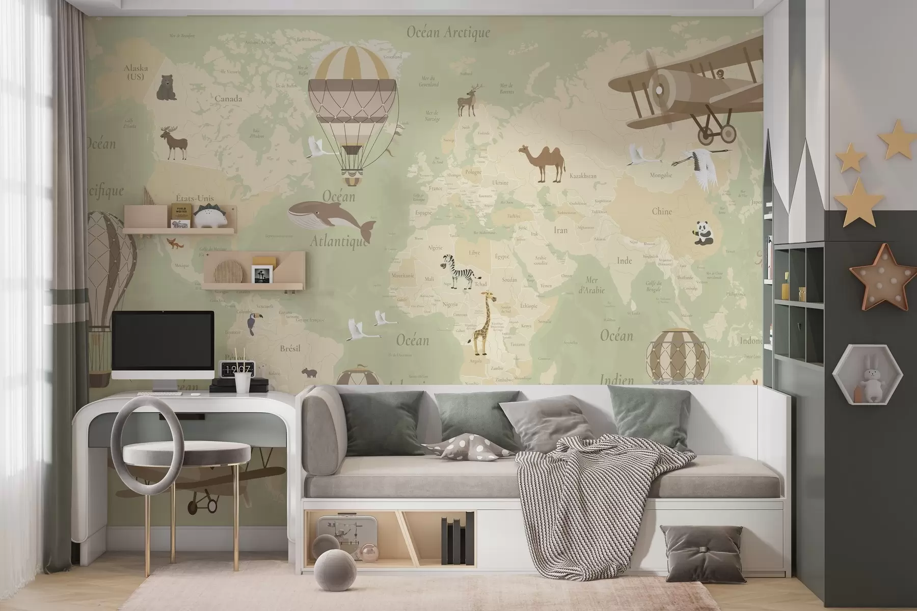 Fototapete Weltkarte für Kinder mit Tieren, Flugzeugen und Heißluftballons. Deutsche Sprache. Grüne Farbe. c00003dev2
