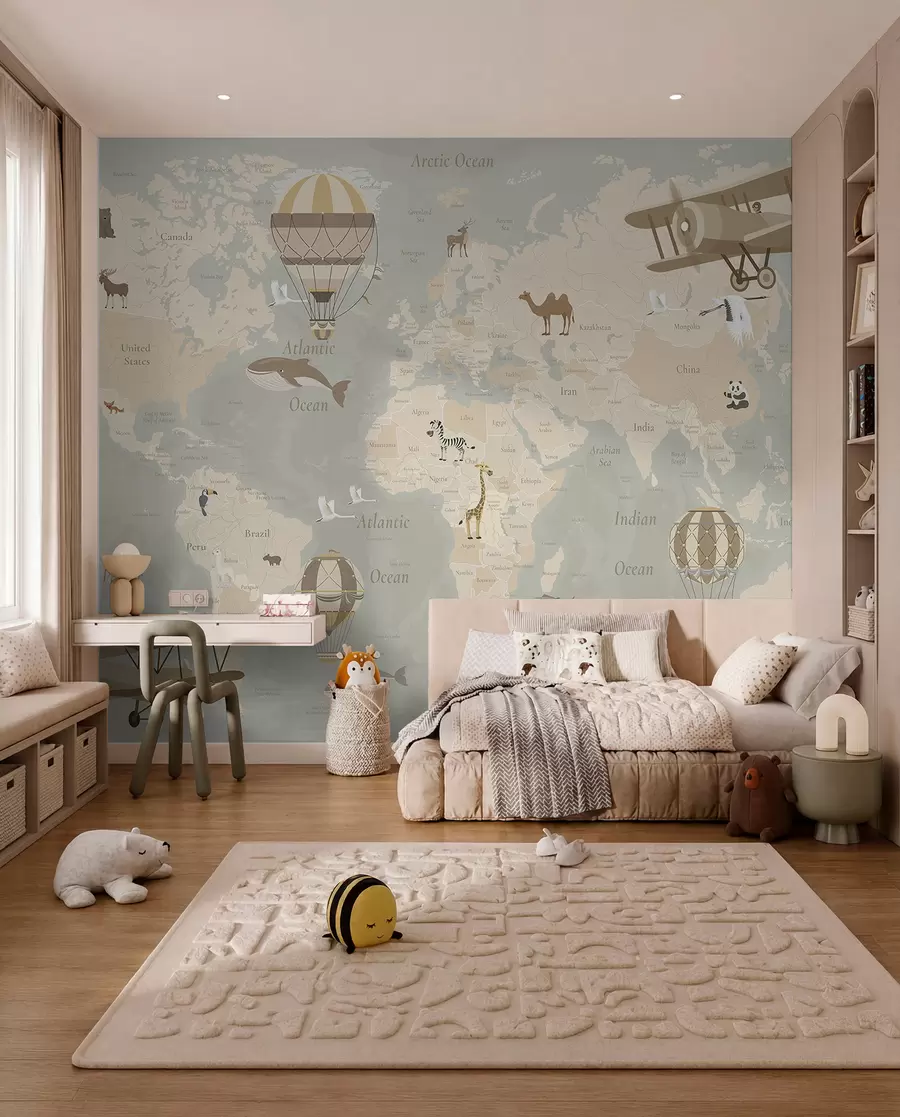 Murale Carte du monde pour enfants avec des animaux, des avions et des montgolfières. En anglais. Couleur beige. c00003en