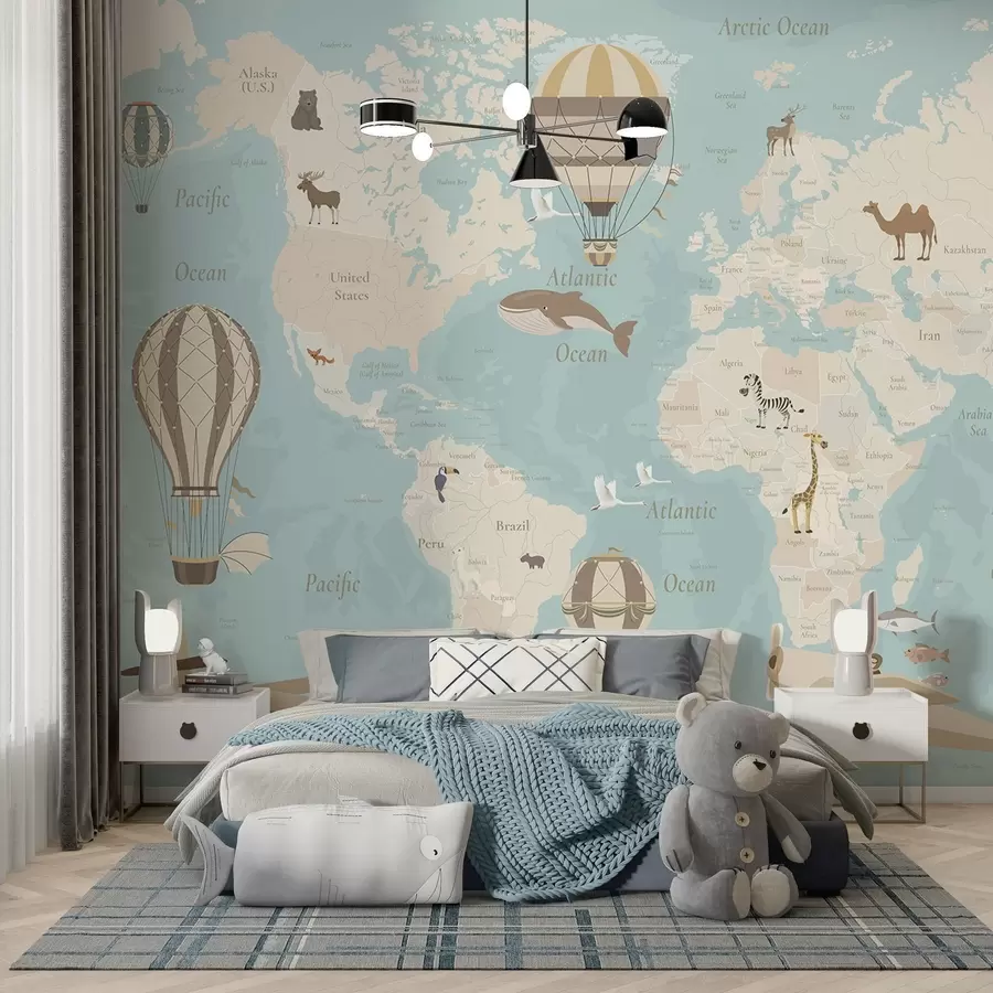 fototapeter Verdenskort til børn med dyr, fly og luftballoner. Engelsk sprog. Blå farve. c00003env1