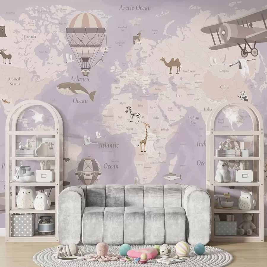 Fototapete Weltkarte für Kinder mit Tieren, Flugzeugen und Heißluftballons. Englische Sprache. Farbe: Lila c00003env4