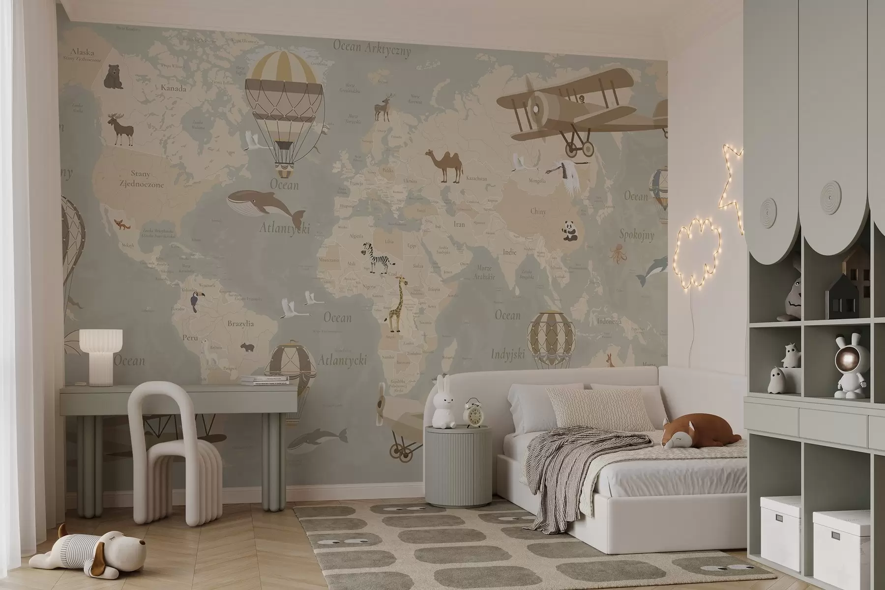 Fototapete Weltkarte für Kinder mit Tieren, Flugzeugen und Heißluftballons. Polnische Sprache. Beige Farbe c00003pl
