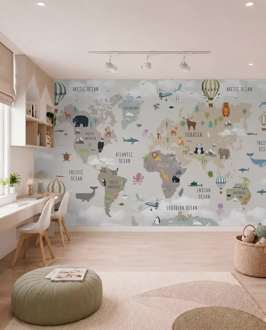 Murale Carte du monde pour enfants avec des animaux et des montgolfières. En anglais. c00002en
