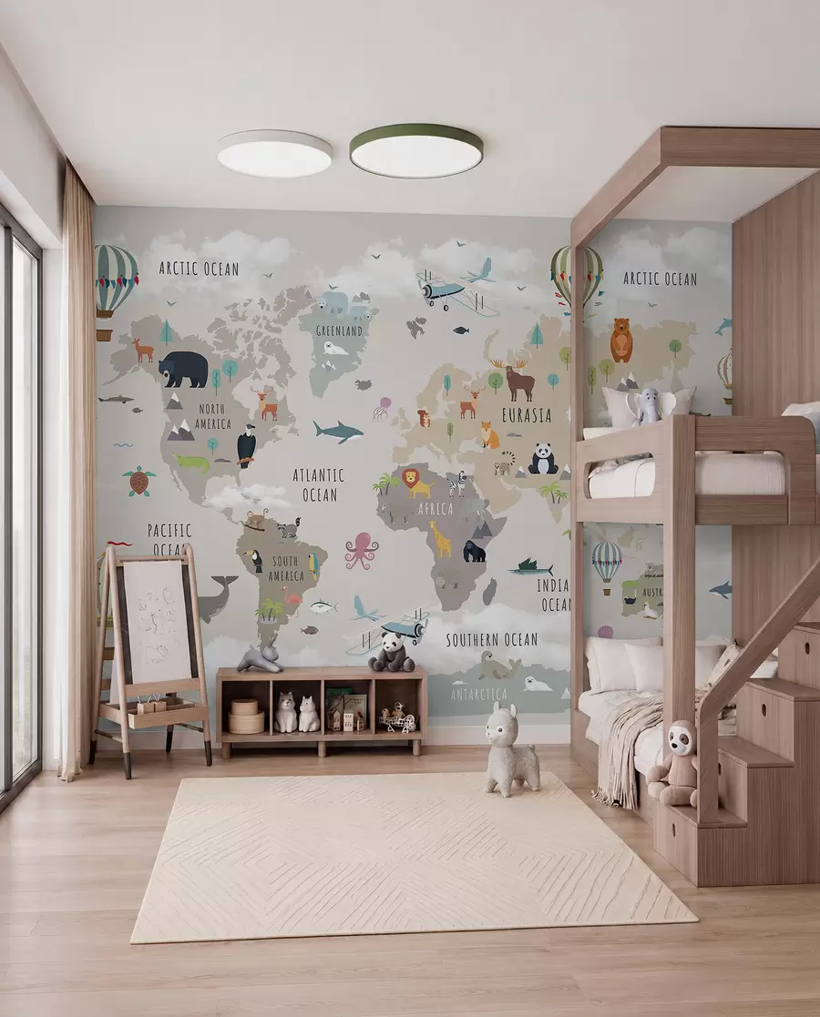 Murale Carte du monde pour enfants avec des animaux et des montgolfières. En anglais. c00002en