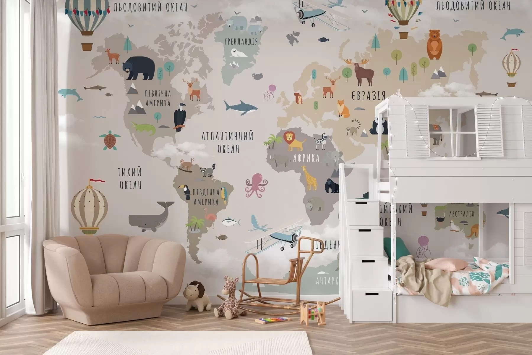 Murale Carte du monde pour enfants avec des animaux et des montgolfières. Langue ukrainienne c00002uk