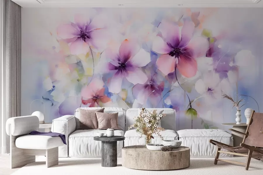 Fototapete Frühlingsblumen in Rosa- und Violetttönen, Aquarell w09502