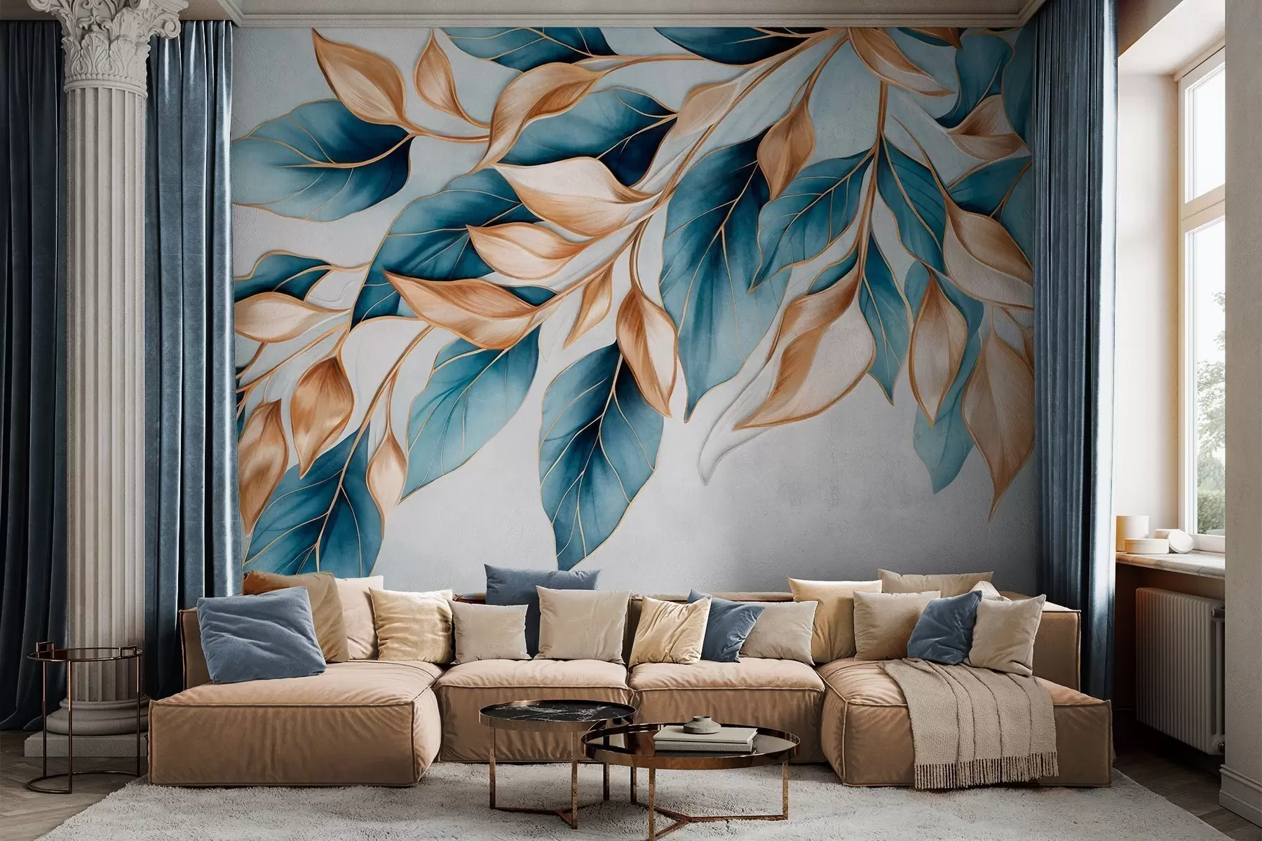 Murale Feuilles bleues et orange texturées, fond bleu clair, design élégant et artistique, style moderne w09429
