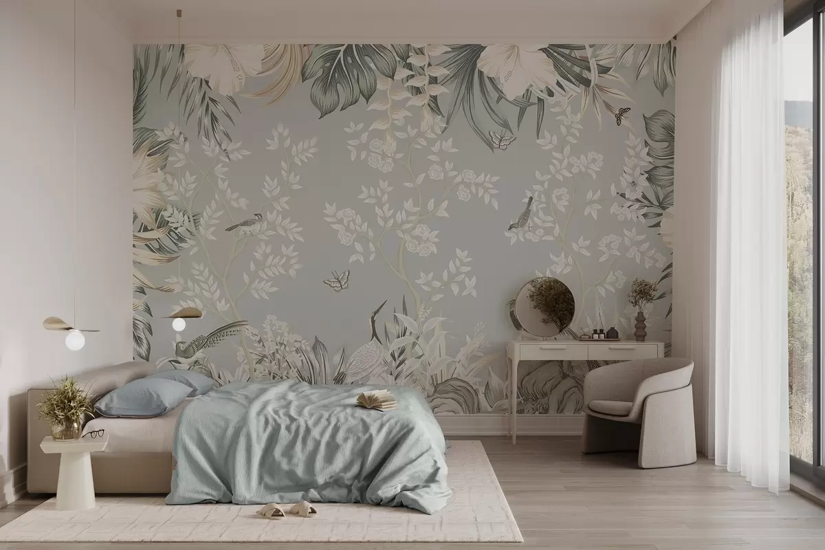 Murale Art pastel tropical texturé avec des oiseaux, des papillons, des fleurs d'hibiscus, des feuilles de palmier et des arbres sur fond bleu clair. w09528