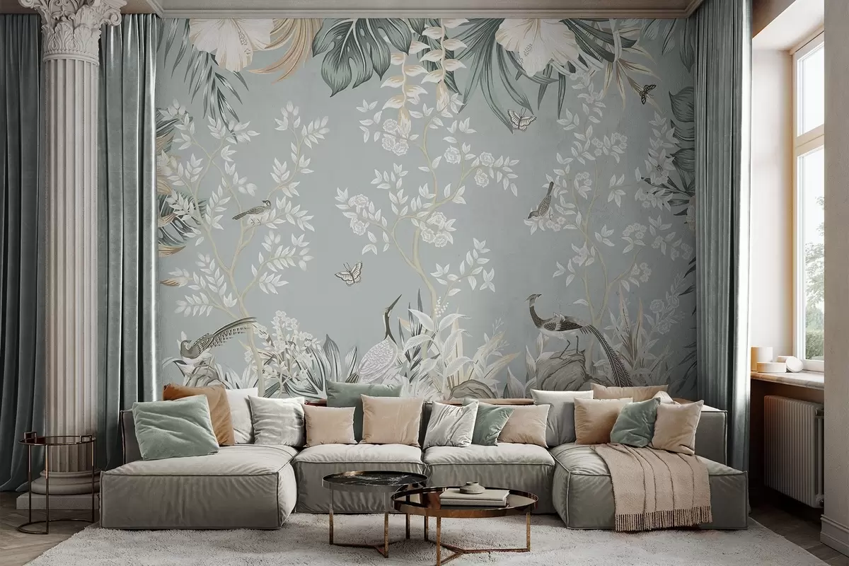 Murale Art pastel tropical texturé avec des oiseaux, des papillons, des fleurs d'hibiscus, des feuilles de palmier et des arbres sur fond bleu clair. w09528