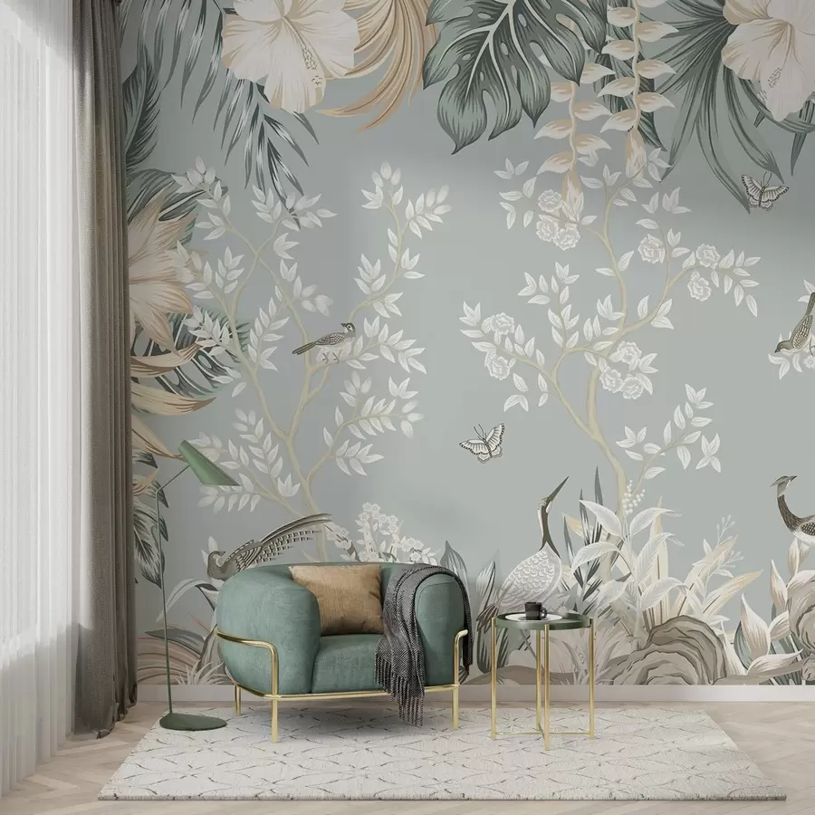 fototapeter Tropisk tekstureret pastellkunst med fugle, sommerfugle, hibiscusblomster, palmeblade og træer på en lyseblå baggrund w09528