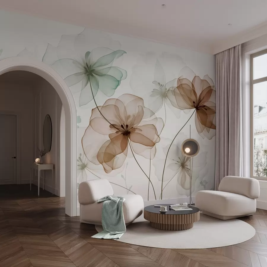 fototapeter Gennemsigtige blomster med brune og grønne kronblade, lange stængler, lys baggrund, bløde farver, blomstermønster med struktur w09529