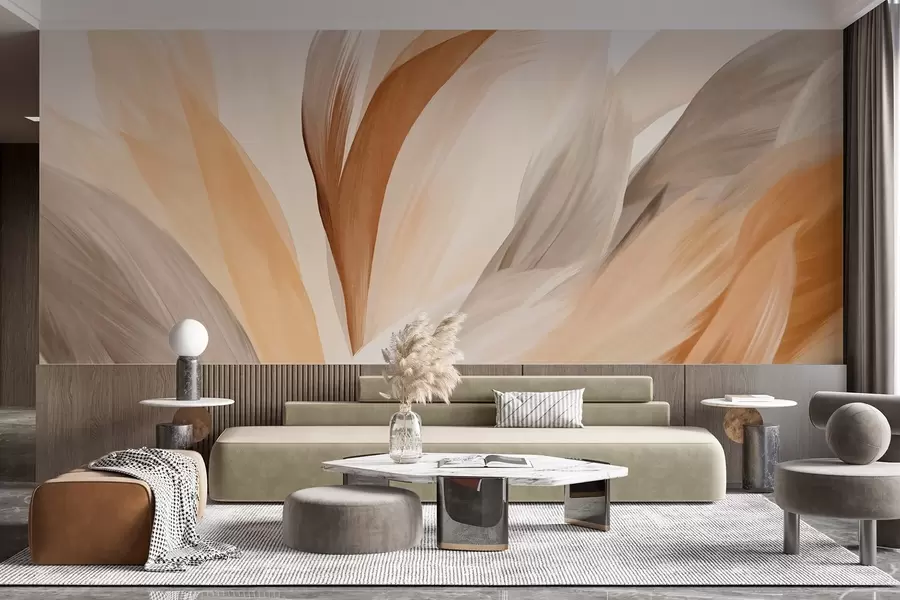 Fototapete Abstrakte strukturierte Federn in Braun, Weiß und Grau sowie verschiedenen Farbtönen, die sich auf einem weißen Hintergrund überlagern w09531