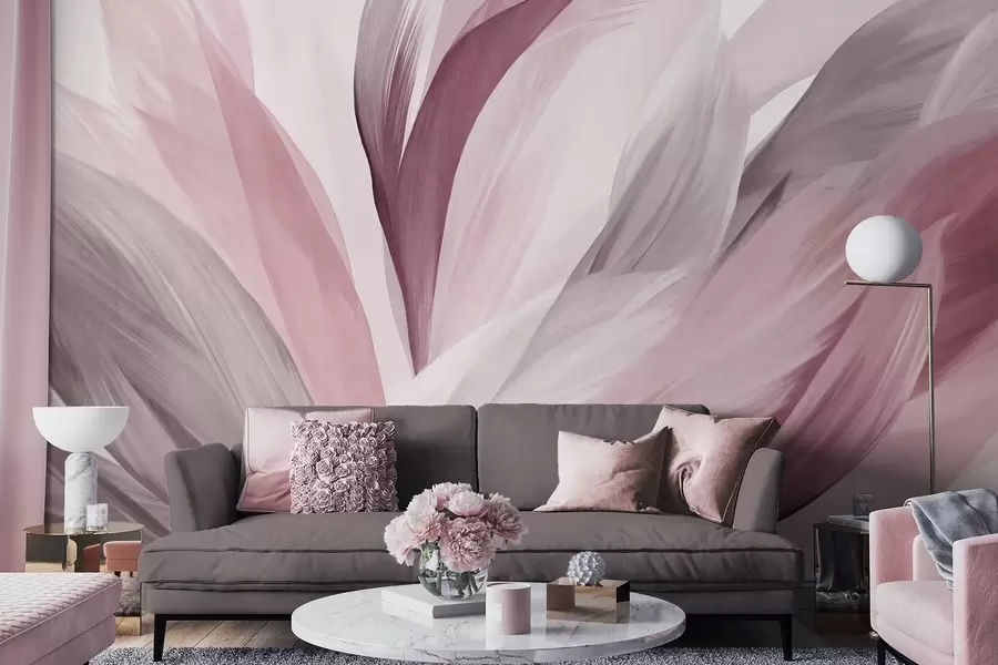 Fototapete Abstrakte strukturierte Federn in Rosa, Weiß und Grau sowie verschiedenen Farbtönen, die sich auf einem weißen Hintergrund überlagern w09531v2