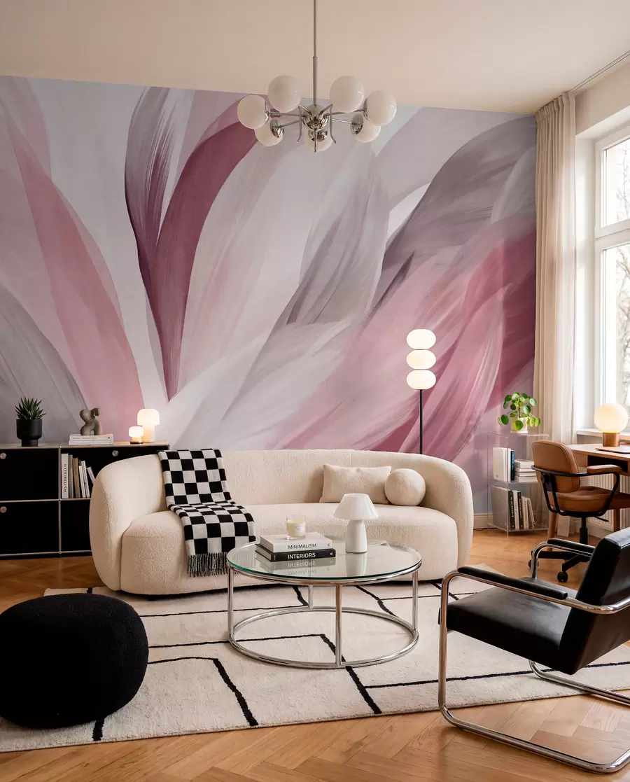 Murale Plumes en strates roses w09531v2