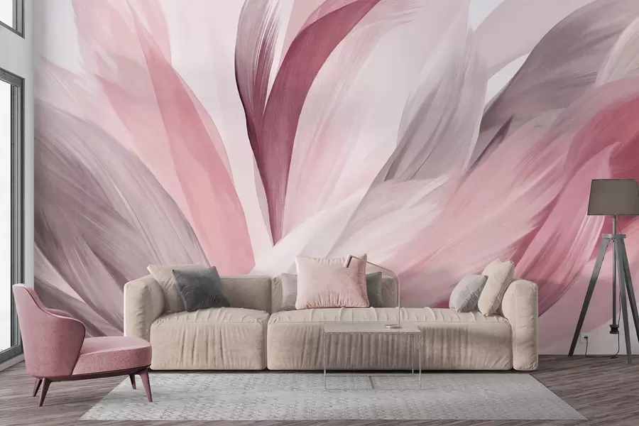 Fototapete Abstrakte strukturierte Federn in Rosa, Weiß und Grau sowie verschiedenen Farbtönen, die sich auf einem weißen Hintergrund überlagern w09531v2