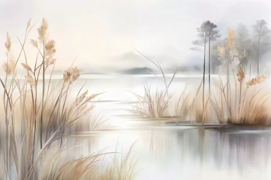 Murale Paysage avec un lac et de hautes herbes au premier plan, des montagnes à l'arrière-plan, des couleurs douces, texturé w09534