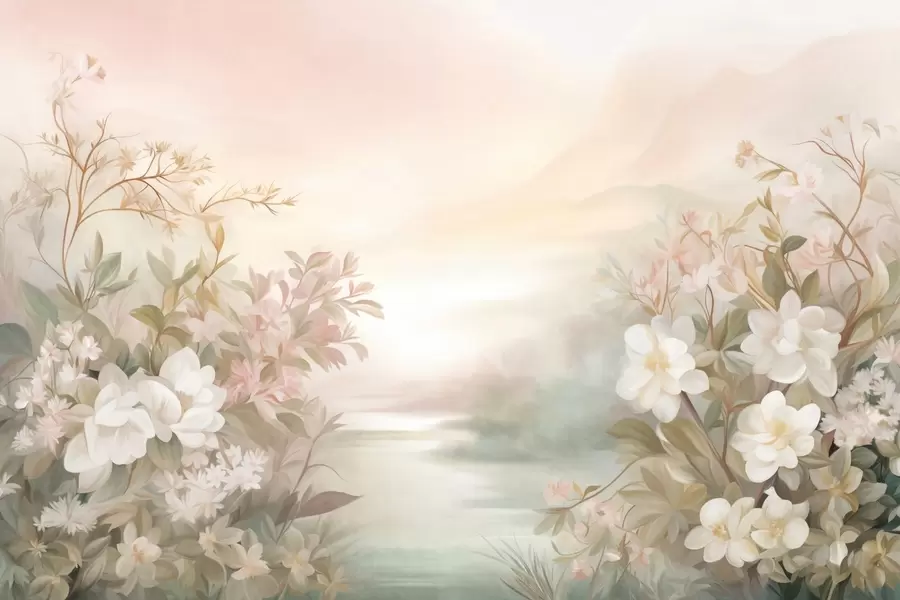 fototapeter Et landskab med en flod omgivet af blomster og planter, bløde farver, lyserød himmel, akvareltekstur w09537